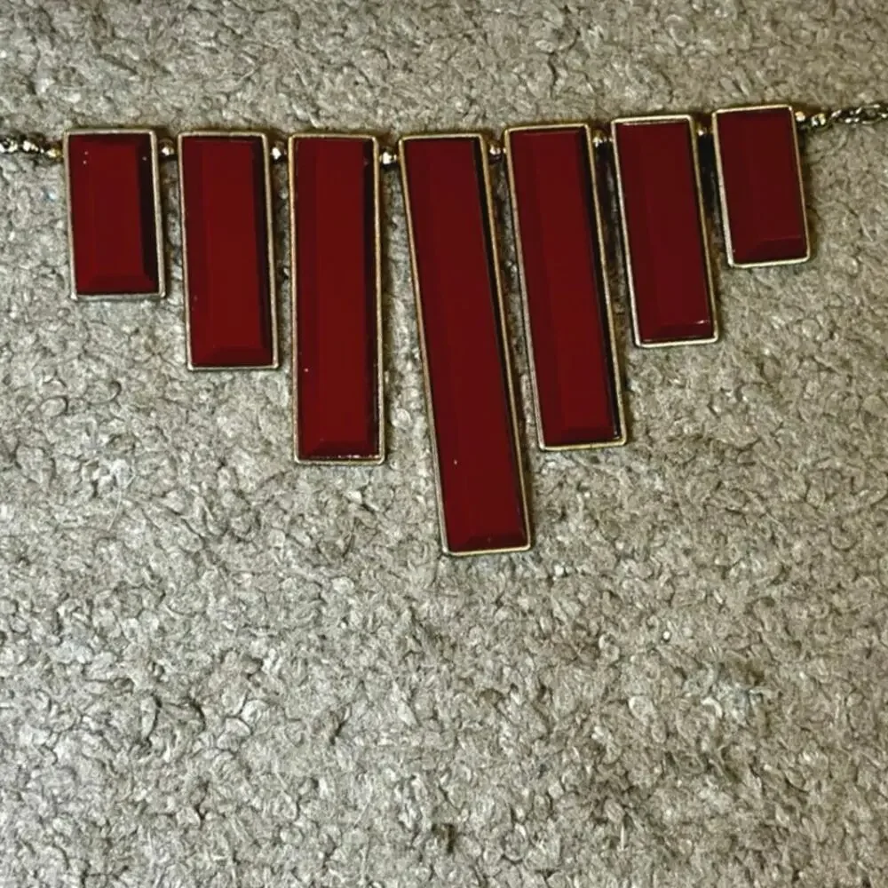 Anthropologie Red Geometric Bib Necklace Gold Tone Vintage